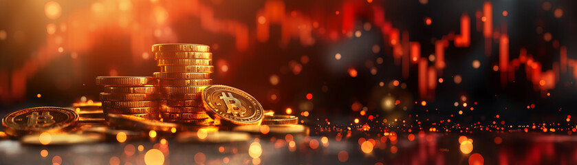 Stacks of Bitcoin coins with financial chart