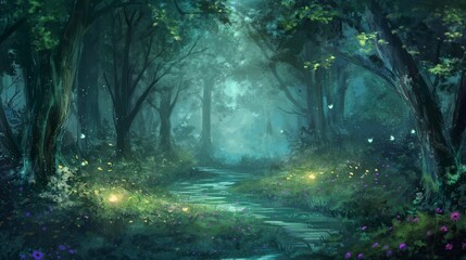Obraz premium Enchanted forest path illuminated by fireflies under moonlight with mysterious glow.