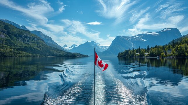 Canadian flag flying from a boat on a scenic lake, surrounding mountains. Canada Day, Civic Holiday