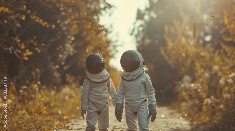 Poster two astronauts exploring on a dirt road, suitable for science fiction projects