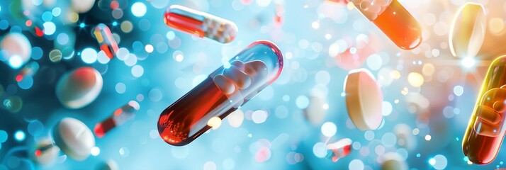 a group of pills floating in the air with bubbles around them and a blue background