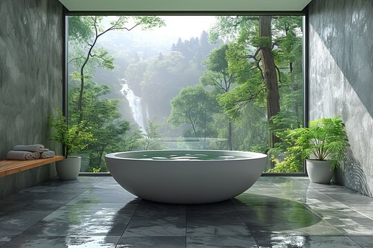 Luxurious Freestanding Bathtub in Spa like Bathroom with Floor to Ceiling Windows and Forest View