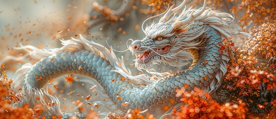 A majestic dragon with white scales and flowing mane surrounded by falling autumn leaves and vibrant foliage.