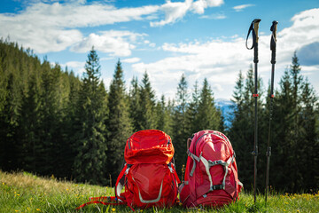 Hiking in the mountains with a backpack.