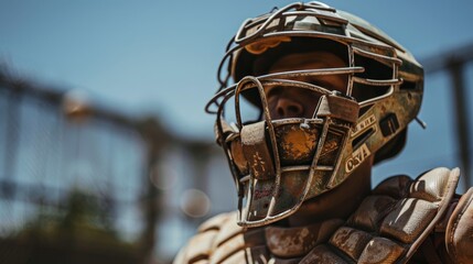 Catcher s protective gear close up in preparation for receiving pitch at summer olympic games