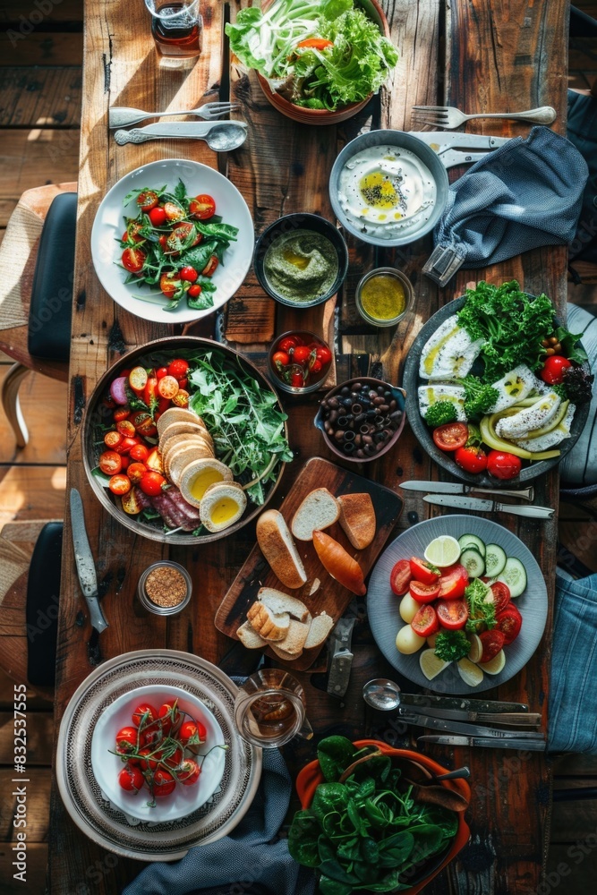 Poster a simple wooden table with various plates of food. suitable for food and dining concepts