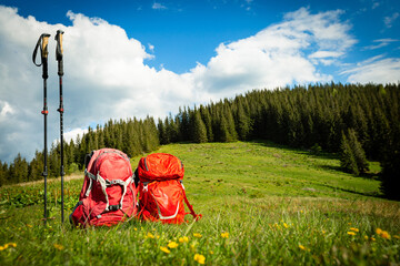 Hiking in the mountains with a backpack.