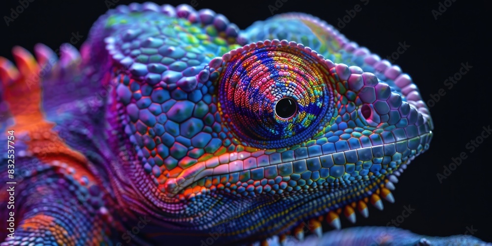 Poster a close-up view of a colorful chameleon's face. suitable for nature and animal themes