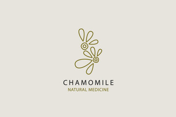 Chamomile flower natural medicine logo design. Linear style herbal vector graphic.