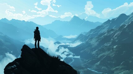 Silhouette of a man standing on a mountain peak overlooking a valley