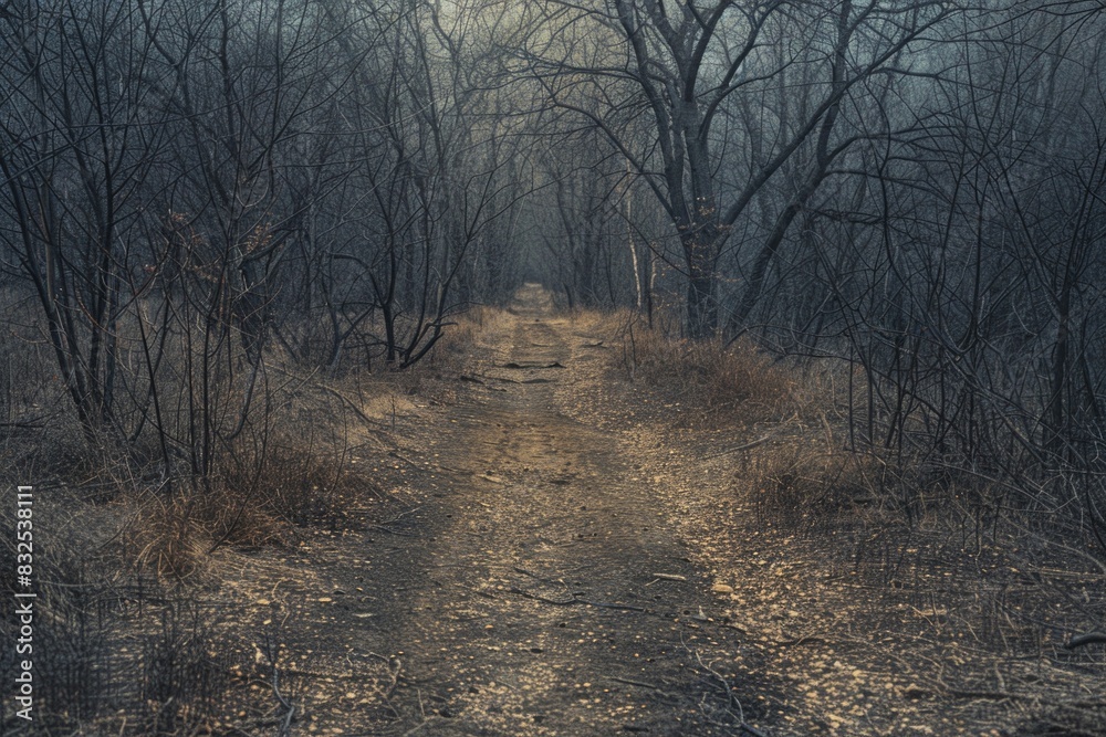Poster a serene dirt path winding through a forest. ideal for nature and travel concepts