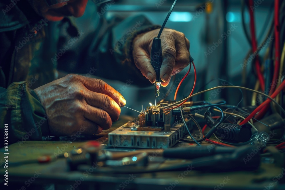 Poster A man is shown working on a circuit board. Suitable for technology and engineering concepts