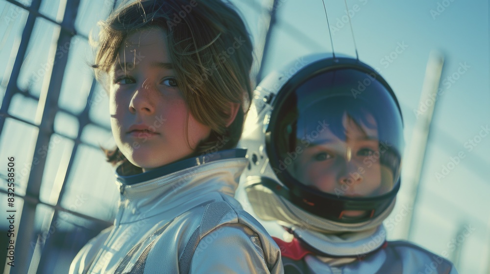 Poster two children wearing space suits standing side by side. suitable for educational and science-related