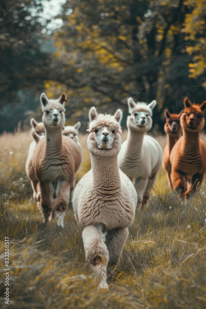 Poster A group of llamas running through a field. Suitable for animal themes