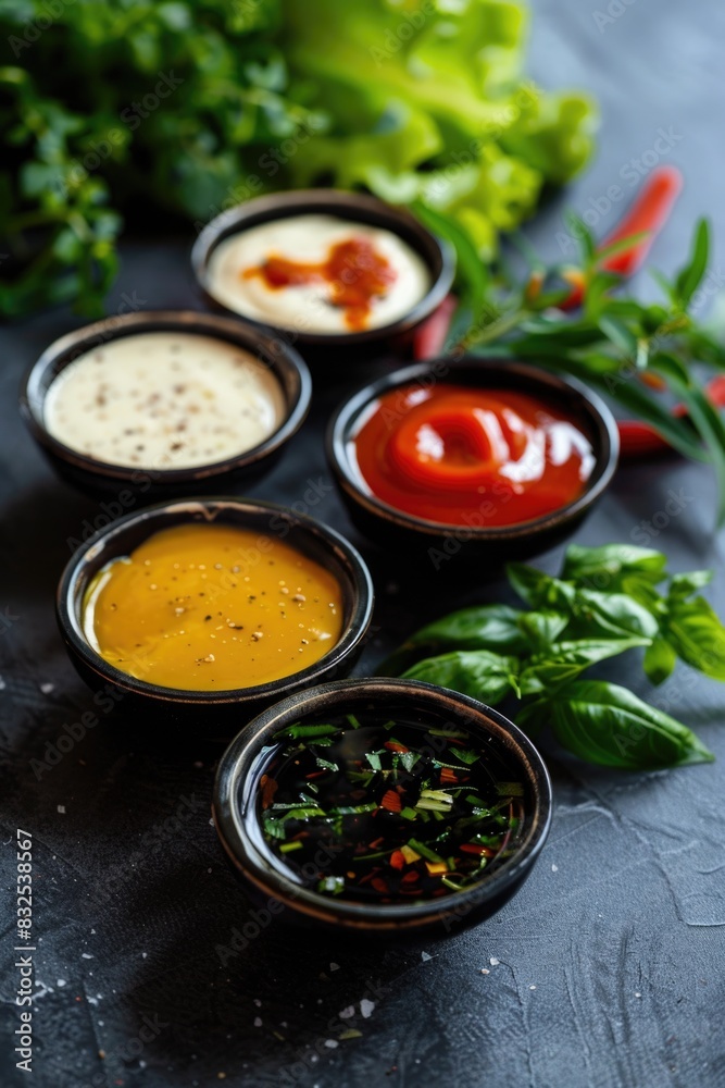 Poster Small bowls of different sauces on a table. Perfect for food and cooking concepts