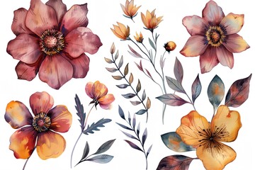 set watercolor flowers on white background