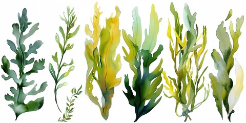 set of watercolor seaweeds on a white background, each with different colors and sizes