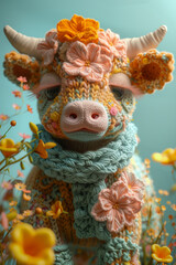 Obraz premium cute crochet cow in flowers background/poster/web/banner/card