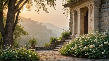 Ancient Stone Building with Flowers and Mountain Views