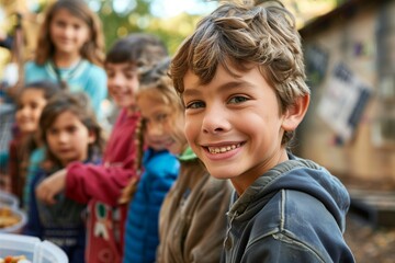 Fototapeta premium Group of children participating in community service activities Distributing food in shelters