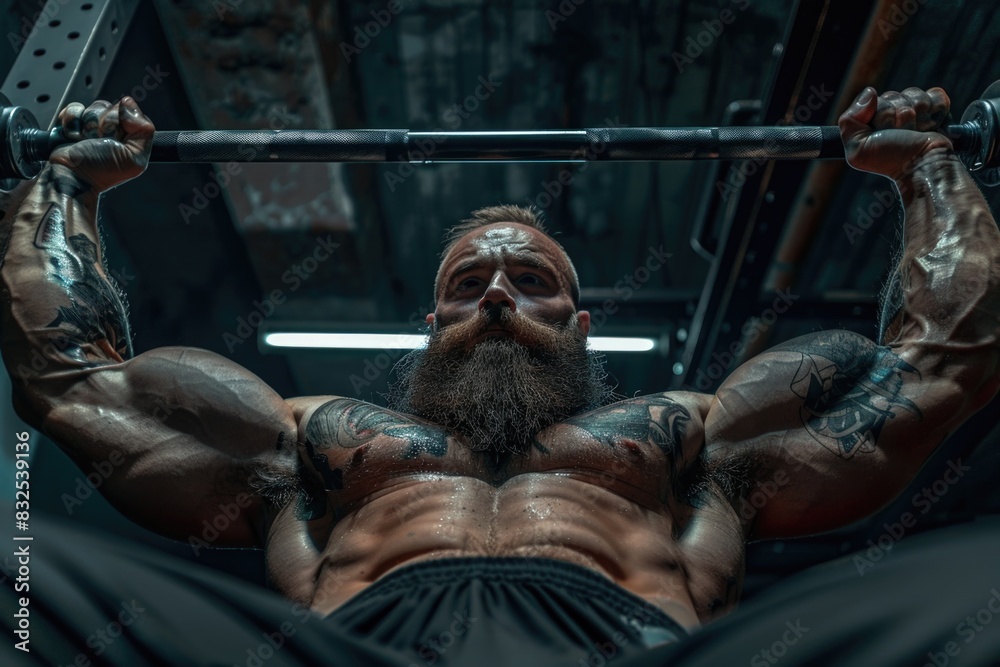 Poster a person with a beard performing exercise on a bar