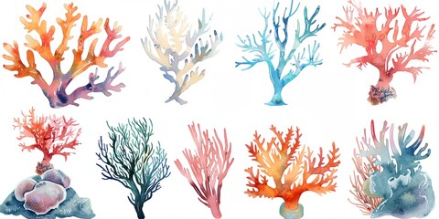 a set of watercolor corals and seaweeds on a white background