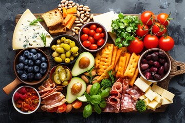 a platter of cheese, olives, tomatoes and other foods