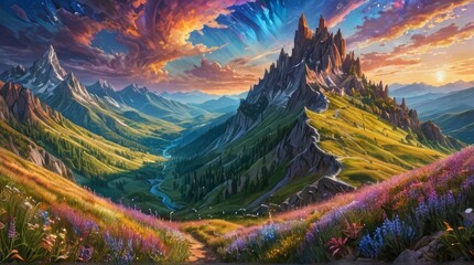 Mountain Landscape with Sunset Sky