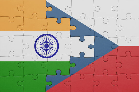 puzzle with the colourful national flag of czech republic and flag of india.
