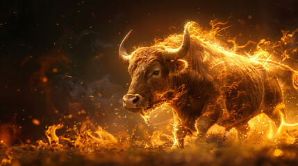 Animal illustration, Bull runs on fire. Business concept for bullfighting in Spain. Unusual image. Dark background on fire.