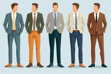 Fototapeta premium Vector Illustration of Five Businessmen in Different Colored Suits and Ties, Showcasing Various Professional Business Styles