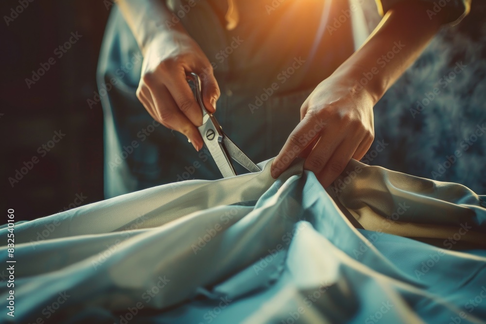 Poster A close-up shot of someone cutting fabric with scissors, perfect for use in DIY tutorials or fashion-related content