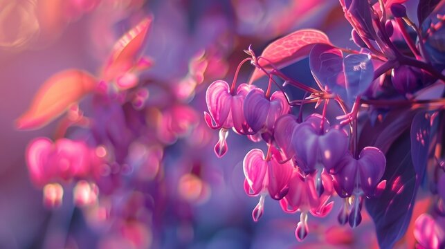 Purple Heart Plant with Blurred Appearance and Close up of Pink Flowers and Leaves on a Sunny Day
