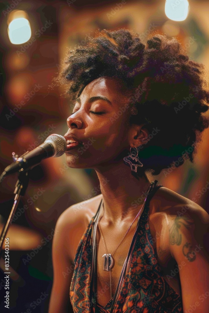 Fototapete a woman performs a song into a microphone in a studio setting, suitable for use in music-related con