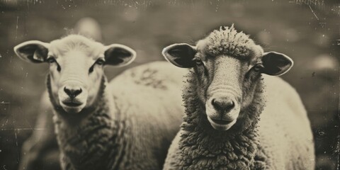 Obraz premium Two sheep grazing in a field