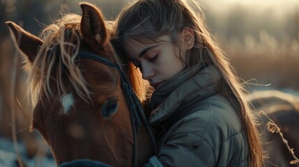 Obraz premium A young girl hugs a horse in an open field, surrounded by green grass and blue sky
