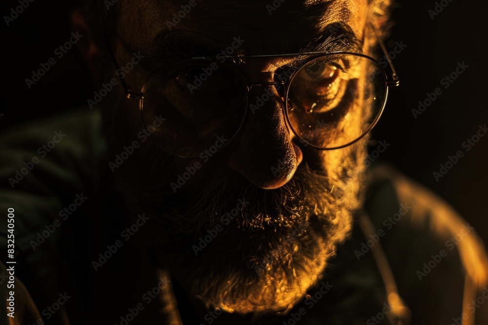 Poster close-up portrait of a man wearing glasses and a beard, suitable for use in editorial or commercial 