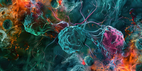 Jade Cancer Cell Progression: Microscopic exploration of jade-colored animal cancer cells, depicting tumor growth and cellular abnormalities