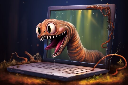 worm virus attacking computer system, cyber attack AI generated