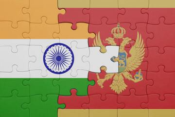 puzzle with the colourful national flag of montenegro and flag of india.