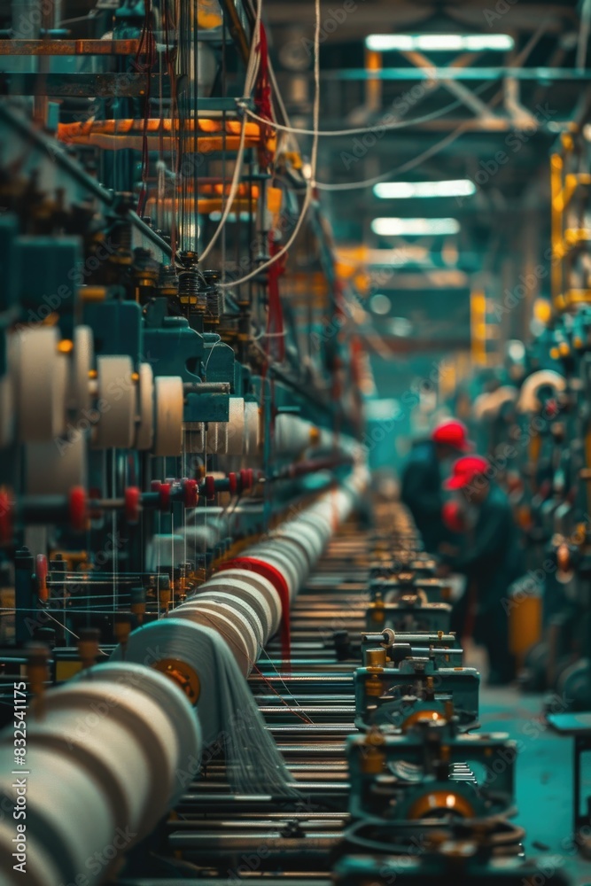 Poster industrial setting with many machines and people working together