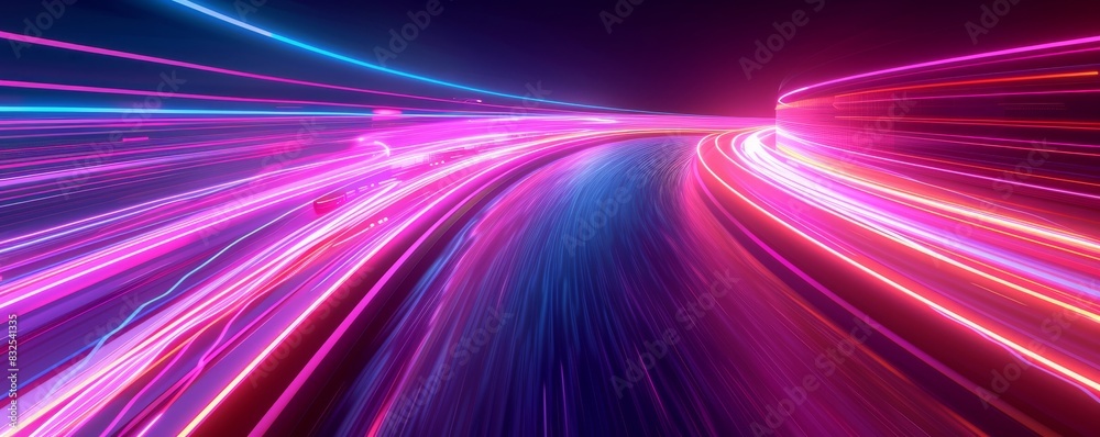 Poster Abstract tunnel with neon lights and digital data stream, creating a futuristic speed of light effect