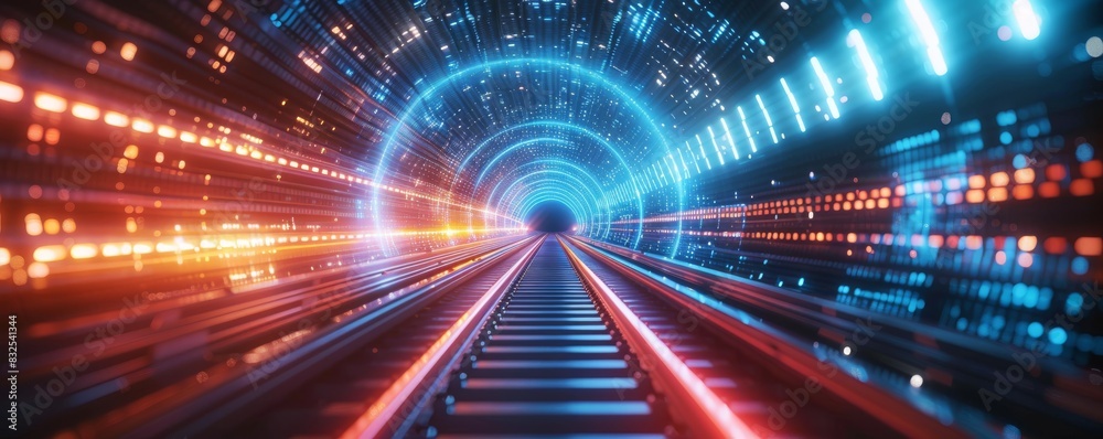 Leinwandbilder Neon-lit abstract tunnel with a digital data stream, showcasing a speed of light background