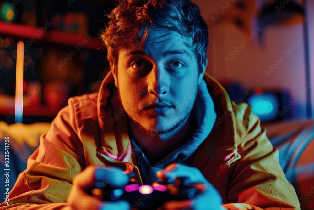Poster a person playing a video game, holding a controller in their hands