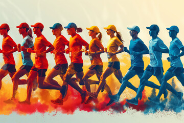 Obraz premium Vector illustration style. “Vibrant Marathon Runners in Action”. The colors bright and vibrant to reflect energy and movement, with the runner's expressions, outdoor activities around them.