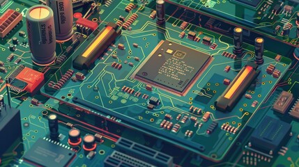 A close-up image of a computer motherboard with various components and wires