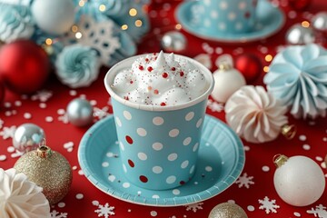 A frothy seasonal drink in a blue polka dot cup surrounded by festive decorations