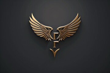 A golden logo with wings on a black background