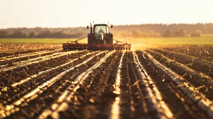 Fototapeta premium A disc harrow equipped with multiple rows and soil loosening blades attached to tractors in a sunny field