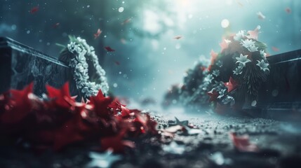 Laying wreaths at a memorial, independence day military honor copy space, solemn theme, ethereal, Fusion, war memorial backdrop